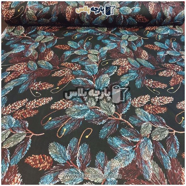طاقه پارچه ملحفه ای پلی استر (پرنسس)  طرح برگ با زمینه مشکی طرح درخت کاج