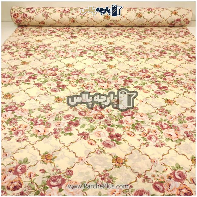 طاقه پارچه ملحفه ای پلی استر (پرنسس) گل دار با زمینه کرمی
