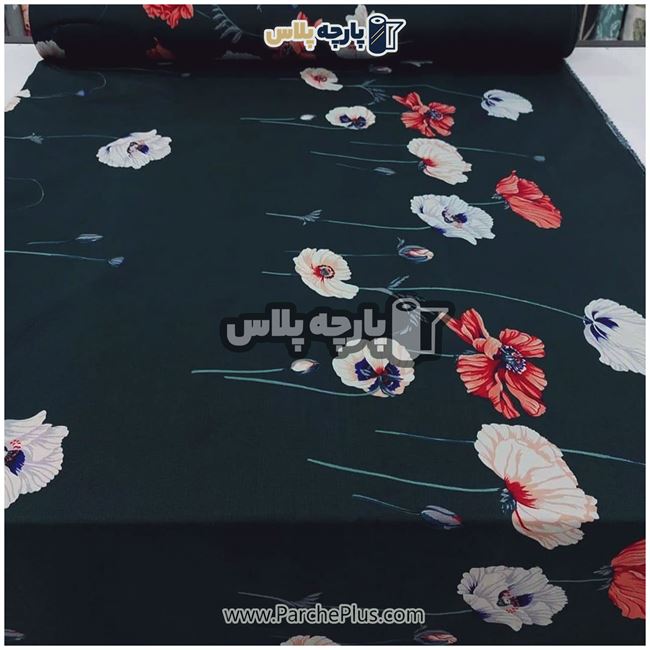 طاقه پارچه ملحفه ای پلی استر (پرنسس) گل دار با زمینه مشکی  و گل قرمز و صورتی و کرم