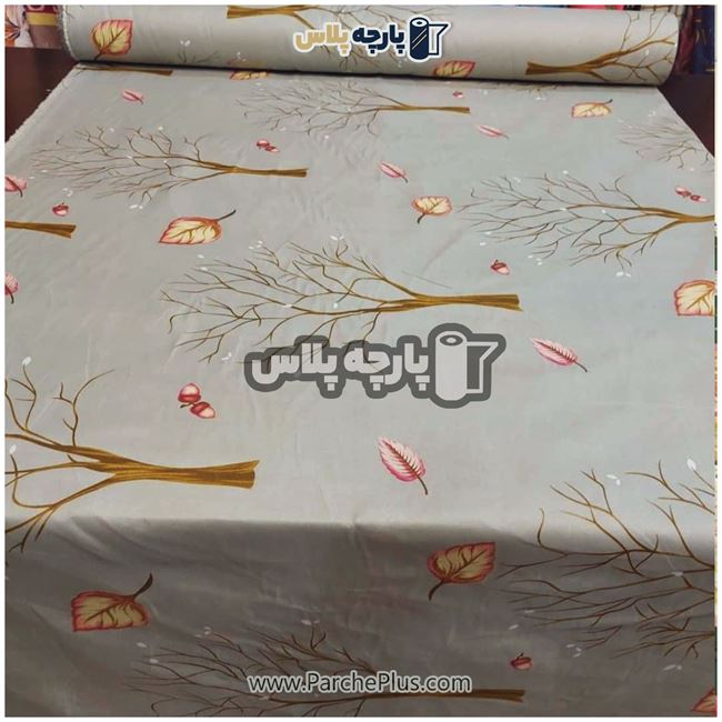 طاقه پارچه ملحفه ای پلی استر (پرنسس) اسپرت با طرح  درخت  و برگ و زمینه طوسی