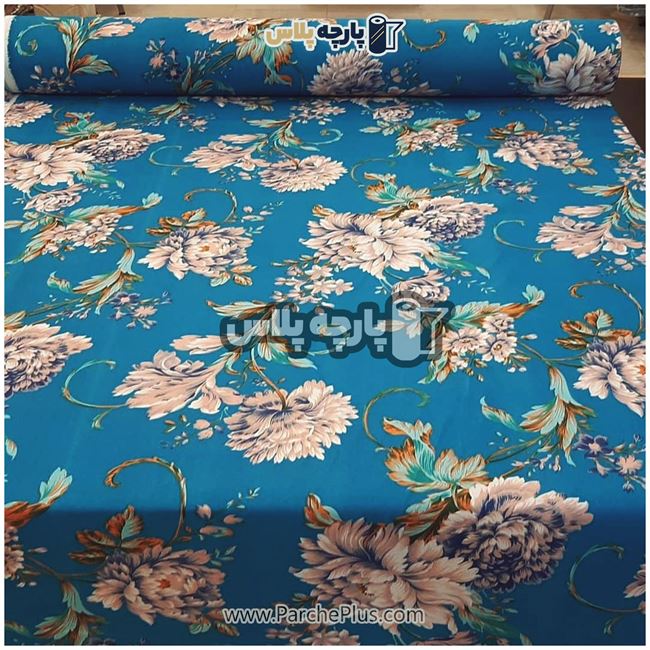 طاقه پارچه ملحفه ای پلی استر (پرنسس)  گل دار با زمینه آبی و گل قهوه ای