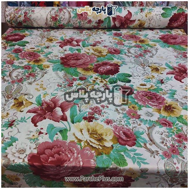 طاقه پارچه ملحفه ای پلی استر (پرنسس)  گل دار با گل قهوه ای و زمینه کرمی