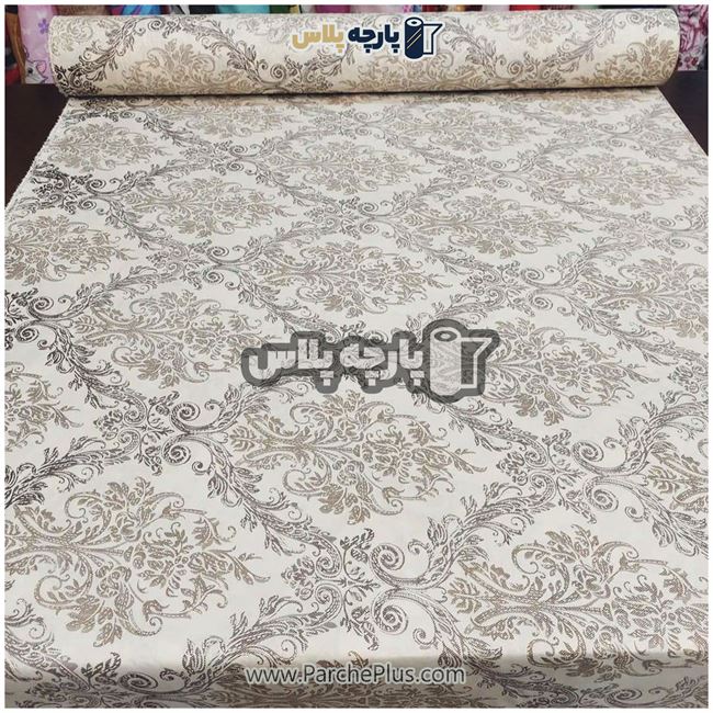 طاقه پارچه ملحفه ای پلی استر (پرنسس)  گل دار با زمینه کرم و گل طوسی