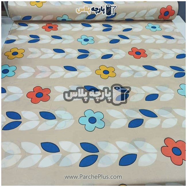 طاقه پارچه ملحفه ای پلی استر (پرنسس) گل دار با گل صورتی، آبی و نارنجی و زمینه کرمی
