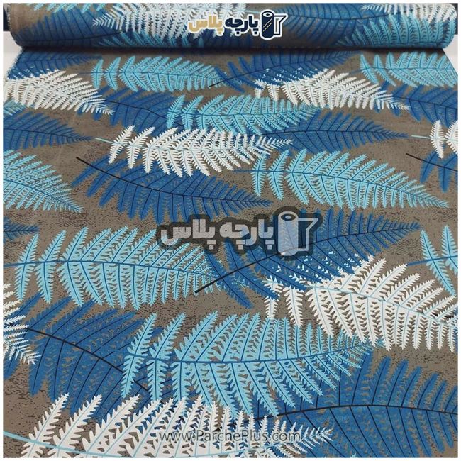 طاقه پارچه ملحفه ای پلی استر (پرنسس)  طرح برگ با زمینه  طوسی و برگ آبی، سفید و سورمه ای