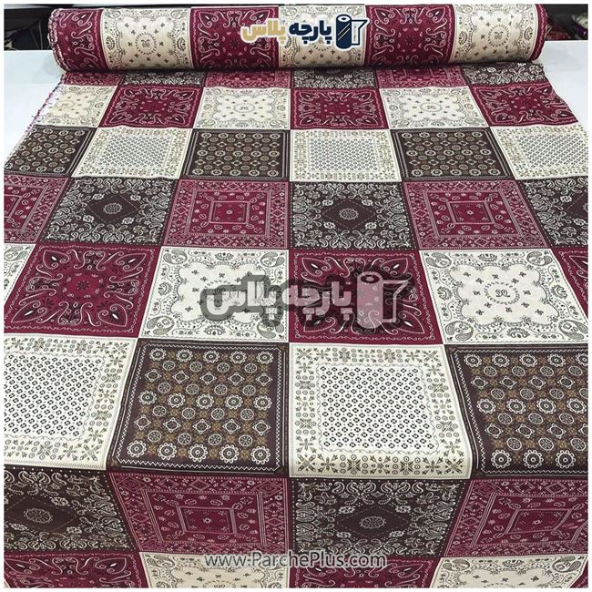 طاقه پارچه ملحفه ای پلی استر (پرنسس) گل دار  (طرح چهل تکه)  با زمینه کرمی و قهوه ای