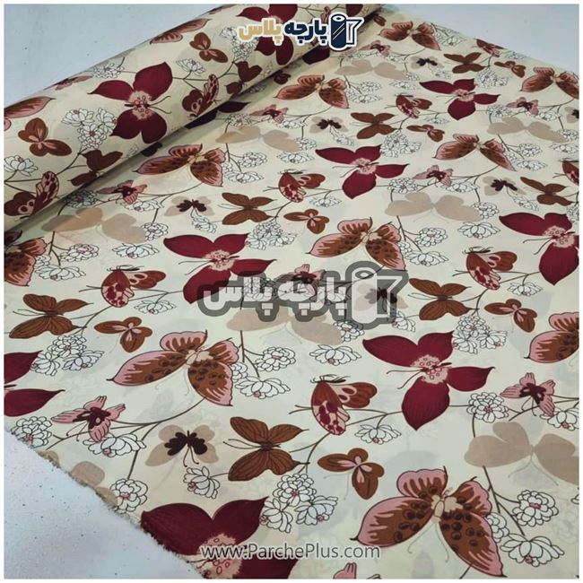 طاقه پارچه ملحفه ای پلی استر (پرنسس) گل دار با زمینه کرمی و طرح پروانه