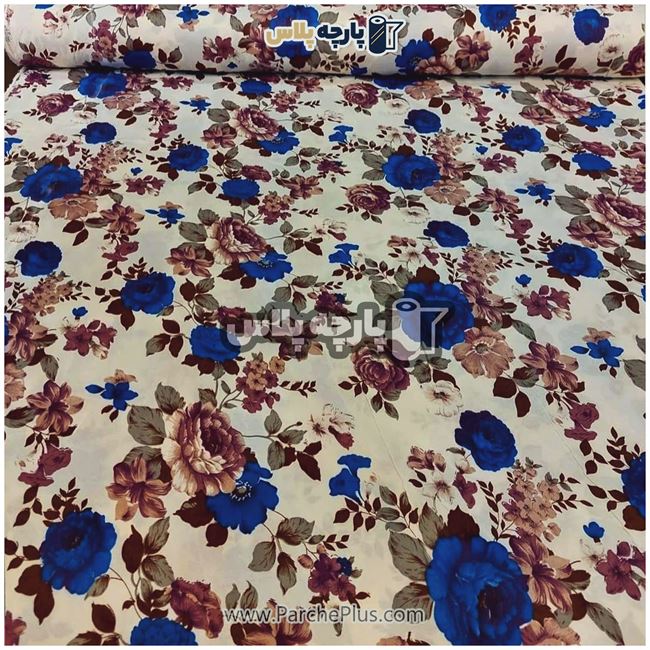 طاقه پارچه ملحفه ای پلی استر (پرنسس) گل دار با گل قهوه ای و آبی و زمینه کرمی