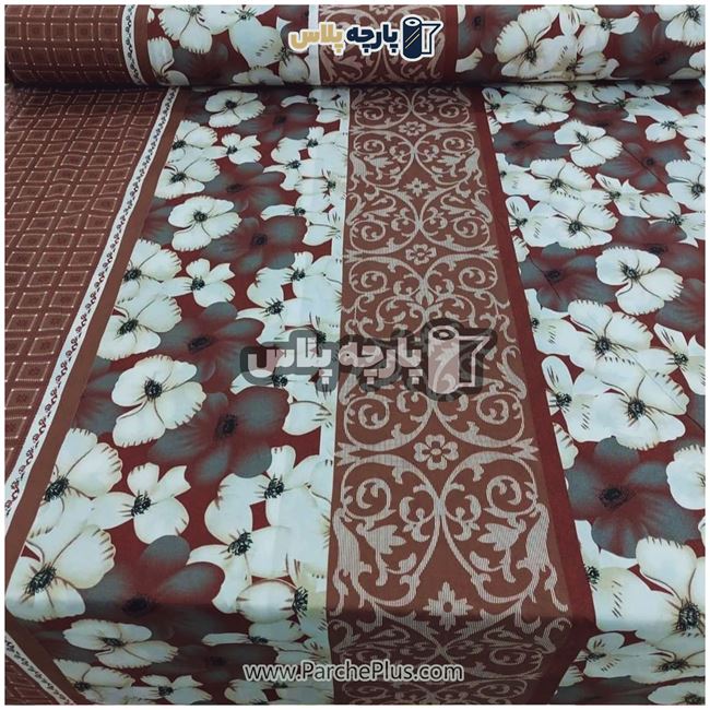 طاقه پارچه ملحفه ای پلی استر (پرنسس) گل دار با زمینه قهوه ای و گل قهوه ای و کرمی
