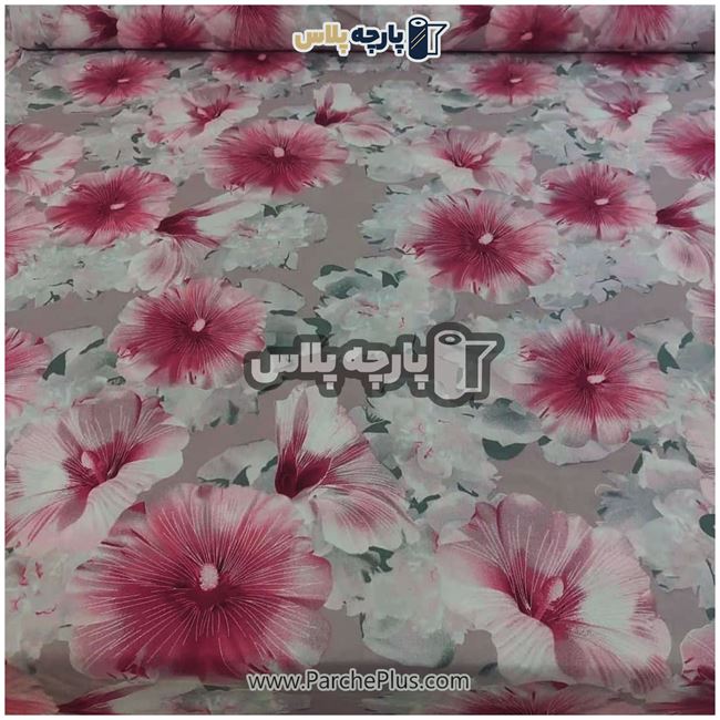 طاقه پارچه ملحفه ای پلی استر (پرنسس) گل دار با زمینه قهوه ای و گل صورتی و سفید