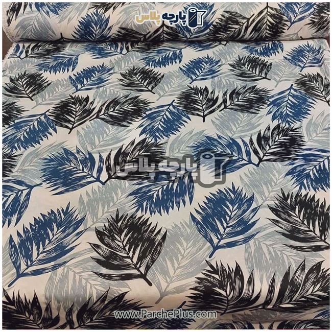 طاقه پارچه ملحفه ای پلی استر (پرنسس) طرح برگ مشکی و سورمه ای با زمینه کرمی