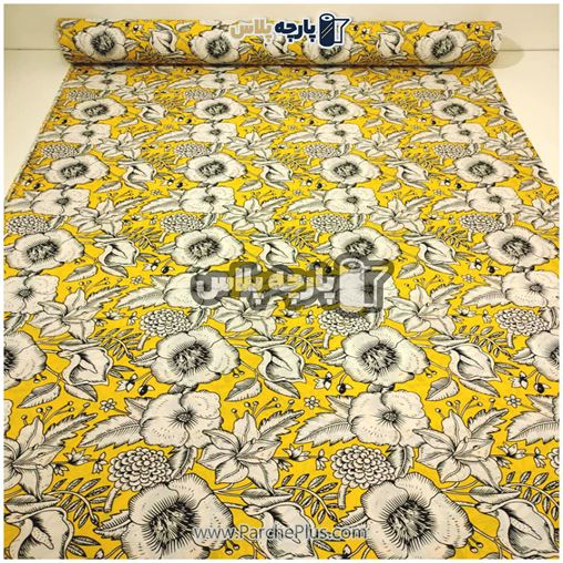 پارچه ملحفه ای گل دار با گل سفید و زمینه زرد