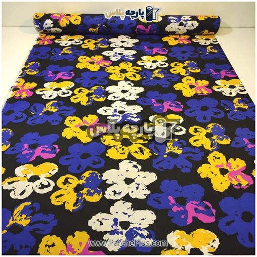  پارچه ملحفه ای گل دار با گل بنفش و زرد و سفید  با زمینه مشکی