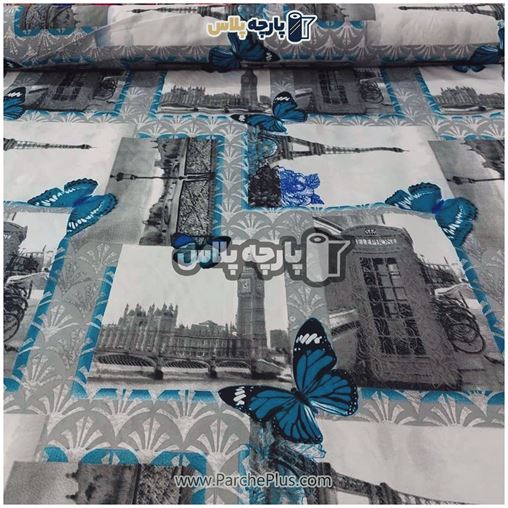 پارچه ملحفه ای پروانه با زمینه سفید و طوسی