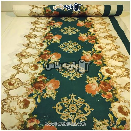 طاقه پارچه ملحفه ای پلی استر (پرنسس) گل دار با زمینه سبز و کرم و گل نارنجی