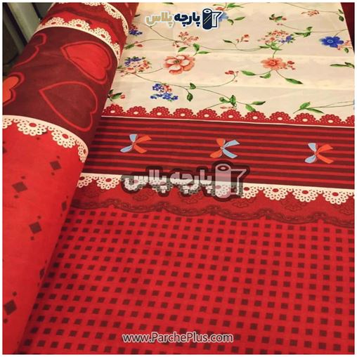 پارچه ملحفه ای گل دار با گل نارنجی و زمینه قرمز و کرمی