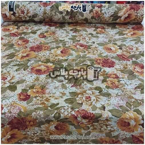 طاقه پارچه ملحفه ای پلی استر (پرنسس) گل دار با گل قهوه ای و زمینه کرمی