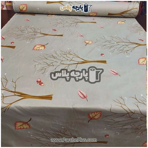 طاقه پارچه ملحفه ای پلی استر (پرنسس) اسپرت با طرح  درخت  و برگ و زمینه طوسی