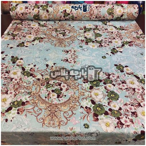 پارچه ملحفه ای گل دار با گل قهوه ای و سفید و زمینه آبی