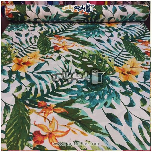  پارچه ملحفه ای طرح برگ با زمینه سفید و برگ سبز و نارنجی