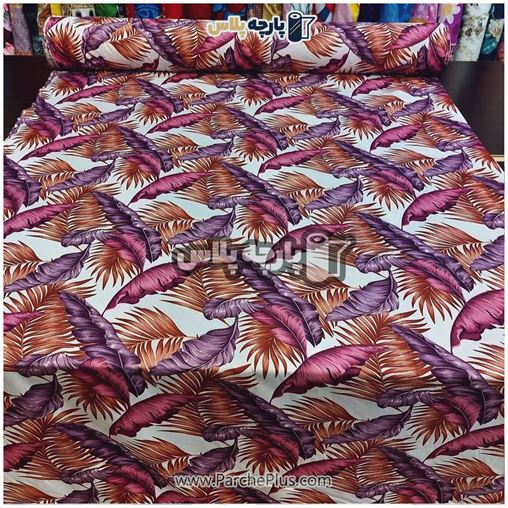  پارچه ملحفه ای طرح برگ با زمینه سفید و برگ بنفش و نارنجی