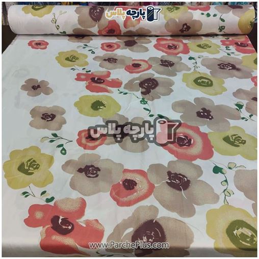 پارچه ملحفه ای گل دار با زمینه سفید و گل صورتی ، سبز و قهوه ای