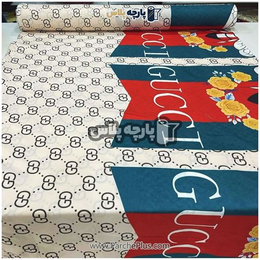 پارچه ملحفه ای اسپرت با طرح گوچی و زمینه کرم