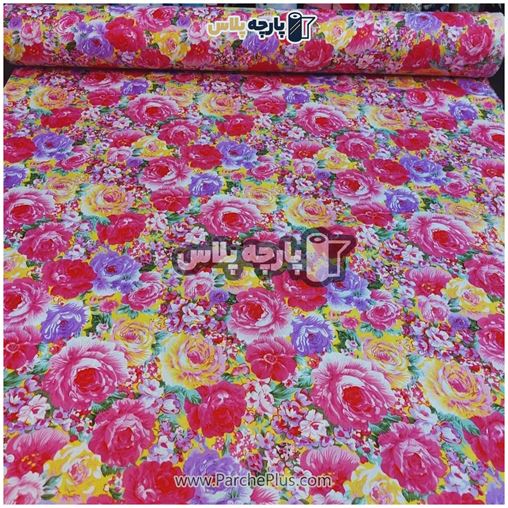 پارچه ملحفه ای گل دار با گل صورتی و زرد و بنفش