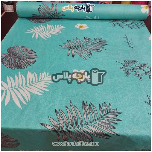 پارچه ملحفه ای طرح برگ با زمینه آبی و برگ سفید و طوسی