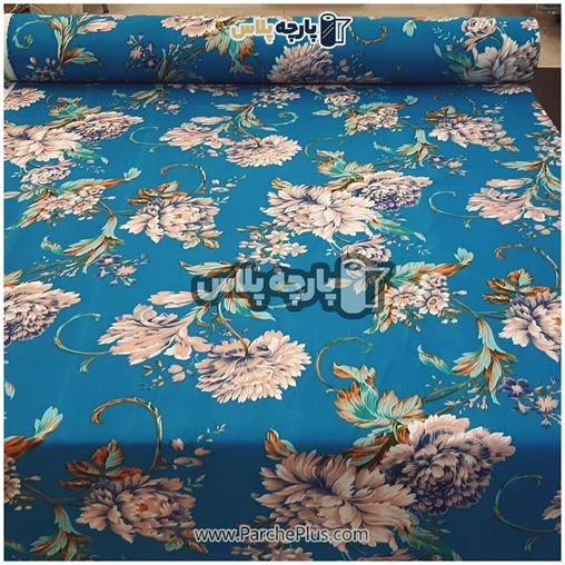 پارچه ملحفه ای گل دار با زمینه آبی و گل قهوه ای