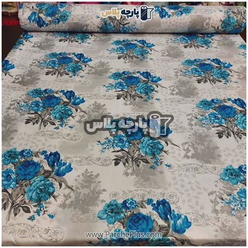طاقه پارچه ملحفه ای پلی استر (پرنسس)  گل دار با زمینه طوسی و گل آبی 