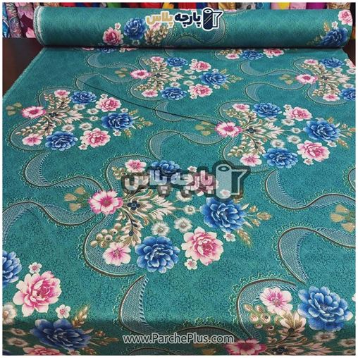 طاقه پارچه ملحفه ای پلی استر (پرنسس) گل دار با زمینه آبی و گل صورتی و آبی