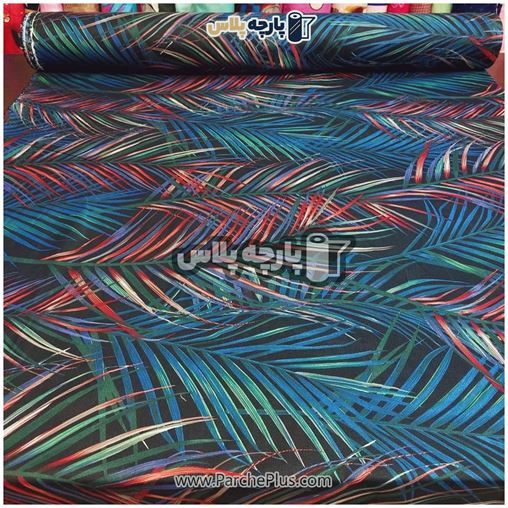 طاقه پارچه ملحفه ای پلی استر (پرنسس) برگ دار با زمینه مشکی و برگ آبی و قرمز