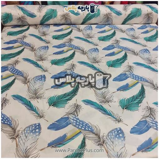 طاقه پارچه ملحفه ای پلی استر (پرنسس) اسپرت با زمینه سفید و طرح پر طوسی و آبی