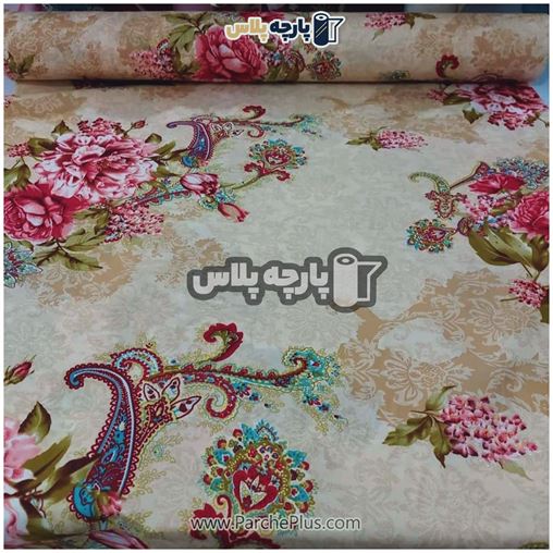 پارچه ملحفه ای گل دار با زمینه قهوه ای و گل صورتی و نقش ترمه