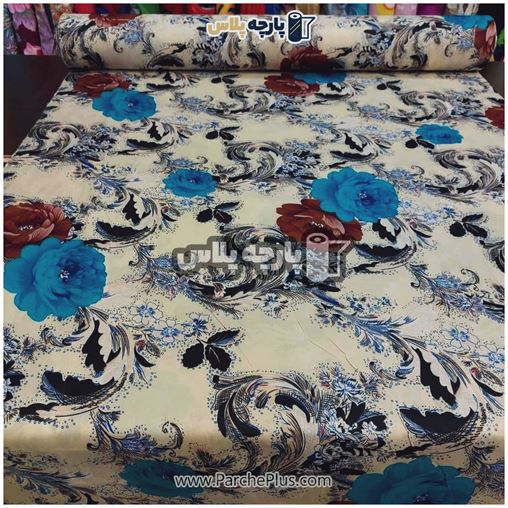 طاقه پارچه ملحفه ای گل دار با گل قهوه ای و آبی و زمینه کرمی