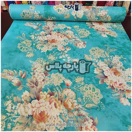 طاقه پارچه ملحفه ای گل دار با زمینه آبی و گل کرم و زرد
