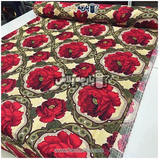 طاقه پارچه ملحفه ای پلی استر (پرنسس) گل دار با زمینه زرد و گل قرمز 