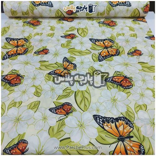 طاقه پارچه ملحفه ای گل دار با گل سفید و طرح پروانه نارنجی