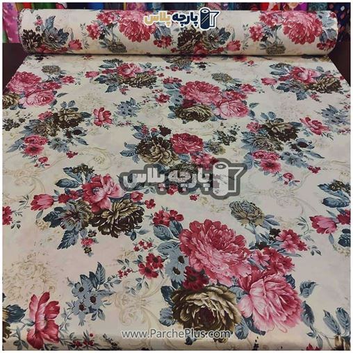 طاقه پارچه ملحفه ای گل دار با زمینه کرمی و گل صورتی و قهوه ای