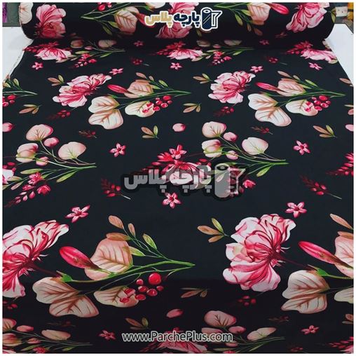 طاقه پارچه ملحفه ای گل دار با زمینه مشکی و گل صورتی