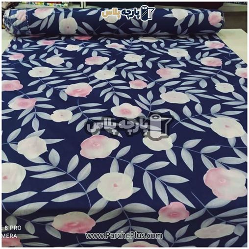 طاقه پارچه ملحفه ای پلی استر (پرنسس) گل دار با زمینه سورمه ای با گل صورتی