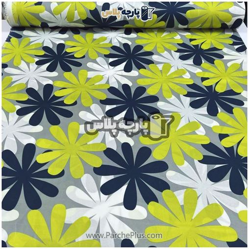 پارچه ملحفه ای گل دار با گل سورمه ای،  سبز و سفید و  زمینه طوسی 