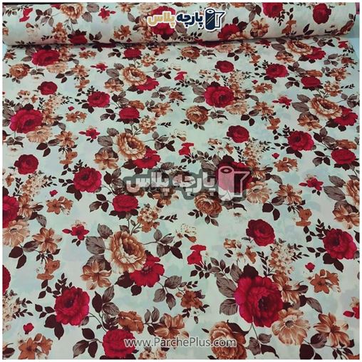 طاقه پارچه ملحفه ای پلی استر (پرنسس) گل دار با زمینه کرمی و گل قرمز و قهوه ای