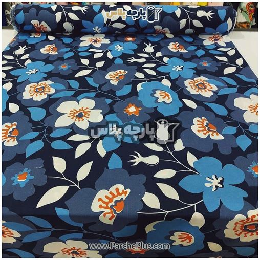 طاقه پارچه ملحفه ای گل دار با زمینه سورمه ای و گل سورمه ای و آبی و سفید