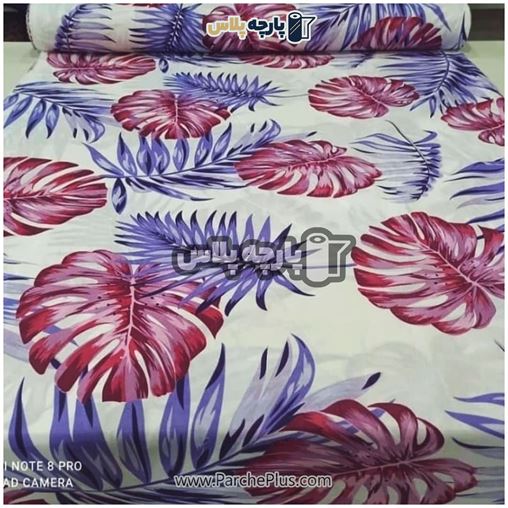 طاقه پارچه ملحفه ای طرح برگ با زمینه سفید و برگ بنفش و صورتی