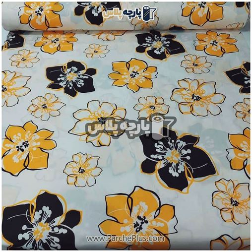 طاقه پارچه ملحفه ای گل دار با گل زرد و مشکی و زمینه سفید