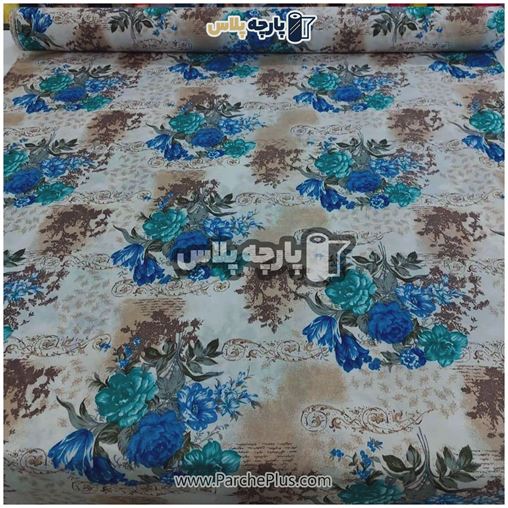 طاقه پارچه ملحفه ای گل دار با زمینه کرم و قهوه ای و گل آبی