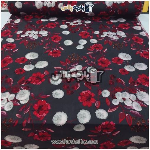 طاقه پارچه ملحفه ای پلی استر (پرنسس) گل دار با گل قرمز و سفید و  زمینه مشکی
