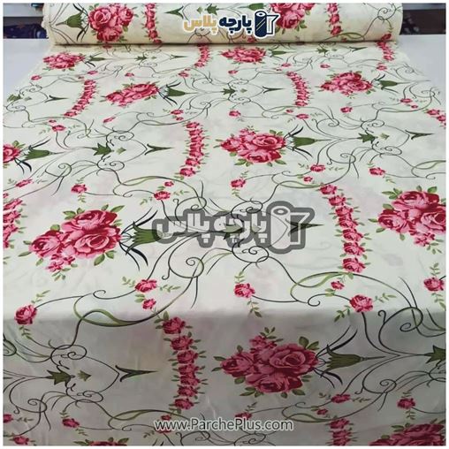 طاقه پارچه ملحفه ای پلی استر (پرنسس) گل دار با زمینه کرمی و گل صورتی